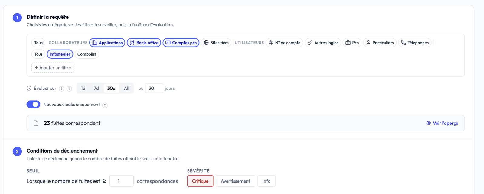 Monitor form: categories, Infostealer type, evaluation window, threshold and severity
