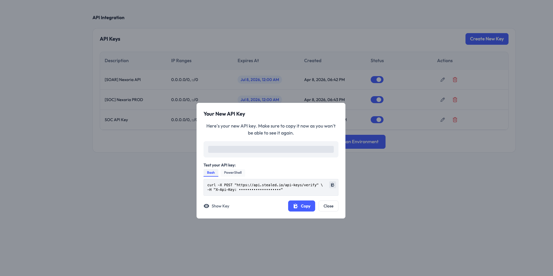 Page Settings → API Integration avec la liste des clés et le flux de création