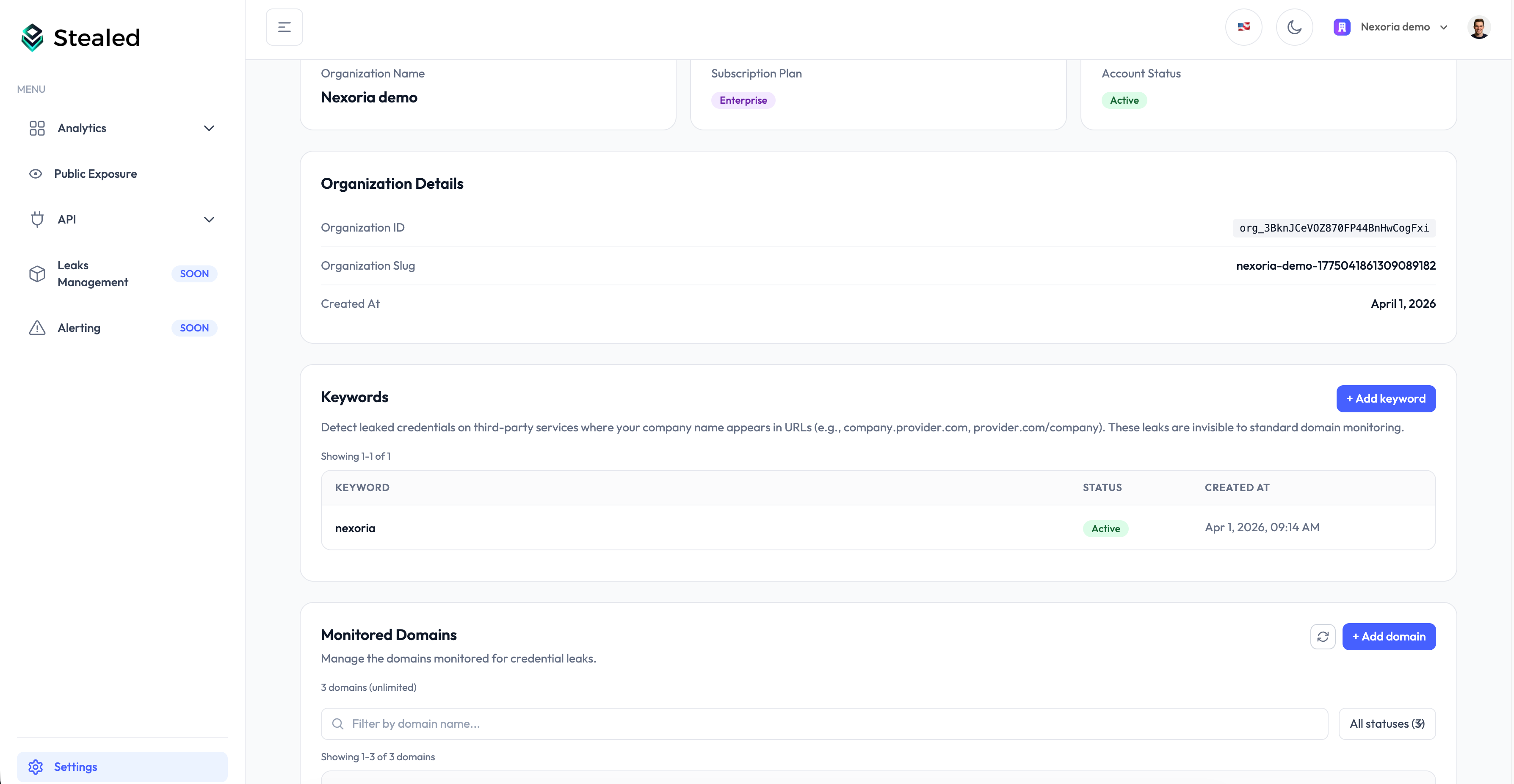 Dashboard Keyword Insight avec les URL détectées contenant le mot-clé surveillé
