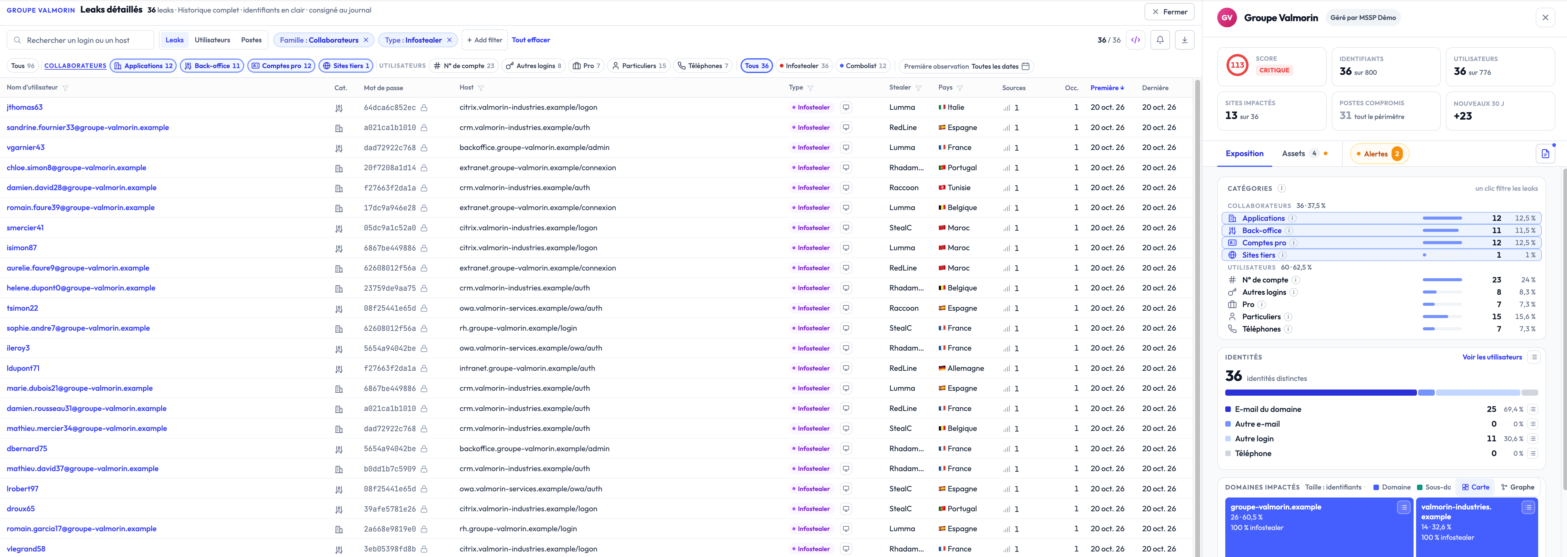 Leak panel filtered on the Staff family and the Infostealer type, categories as chips and the credentials list