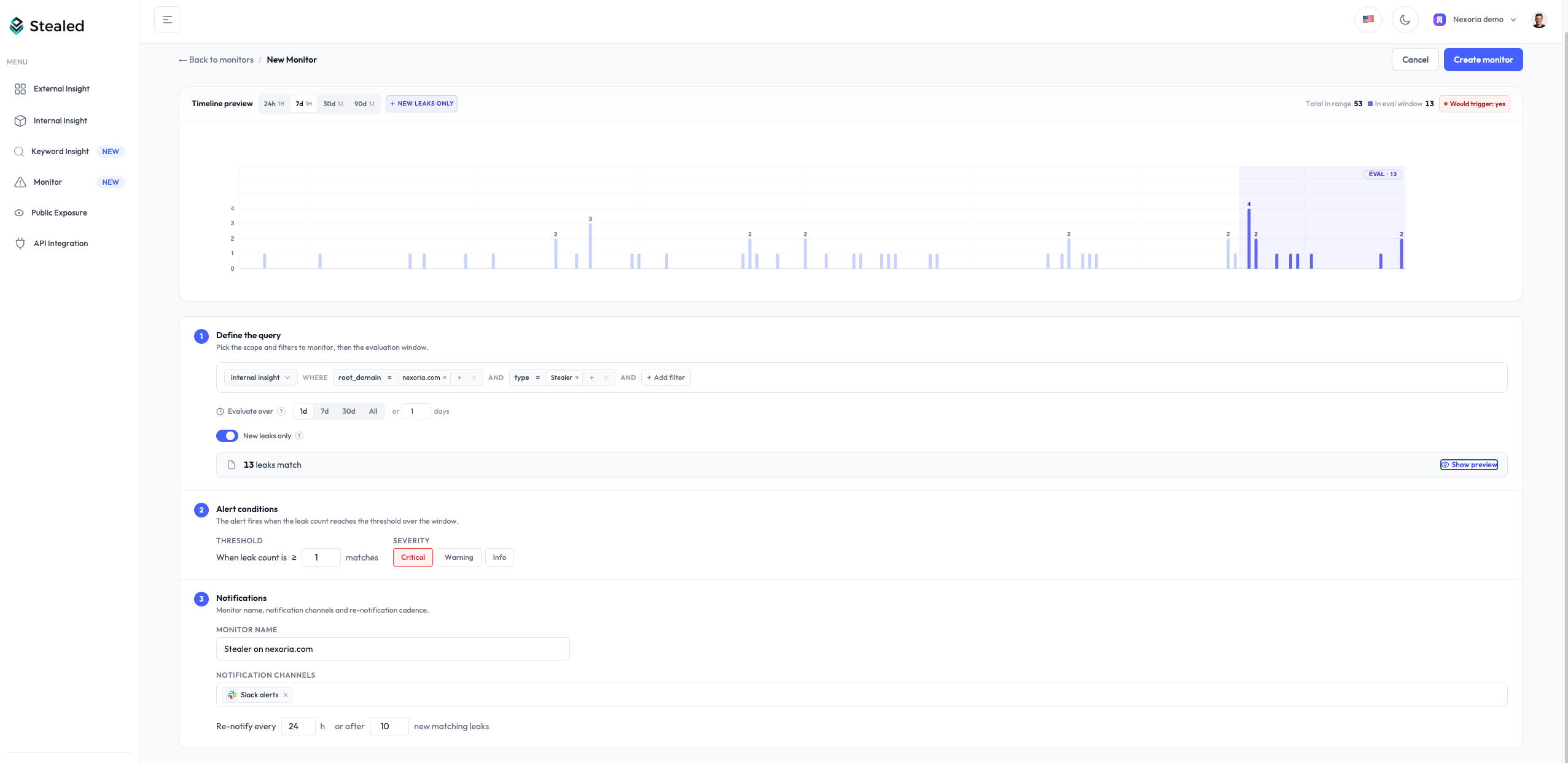 Formulaire de création de monitor avec filtres, threshold, re-notification et sélection de canal