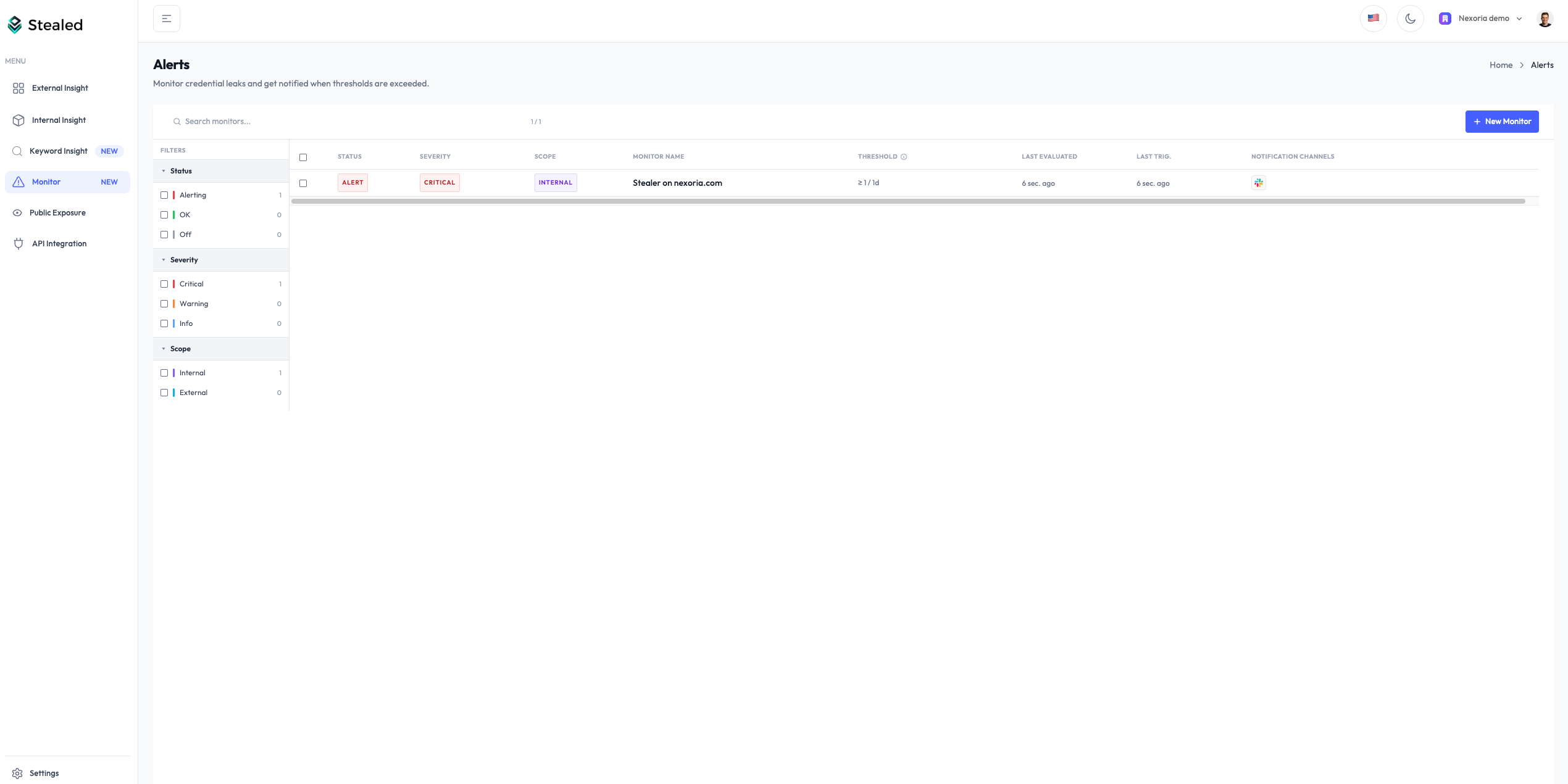 Page principale du Monitoring avec la liste des monitors actifs, leur statut et le compteur d'événements ouverts
