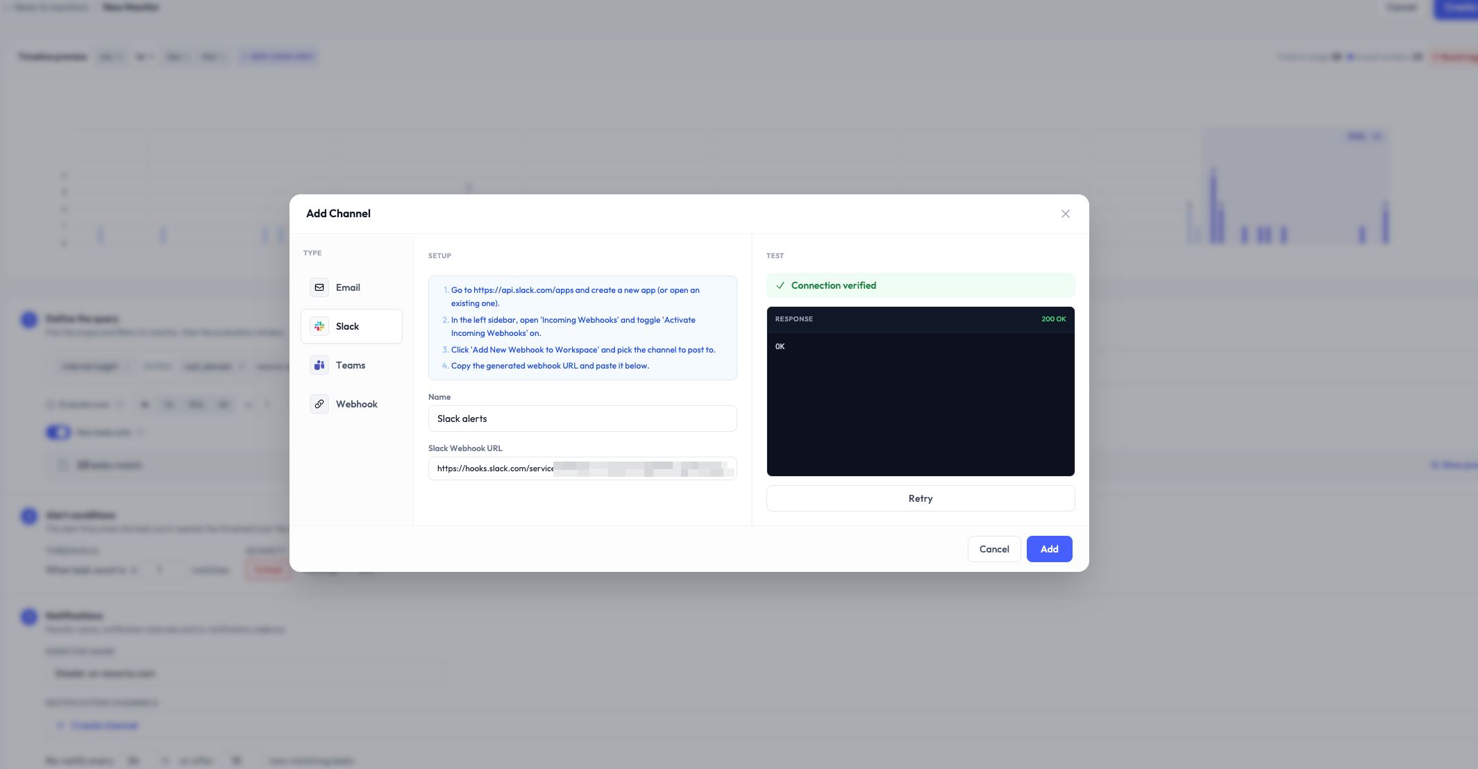 Formulaire de création de canal de notification avec type de livraison et configuration