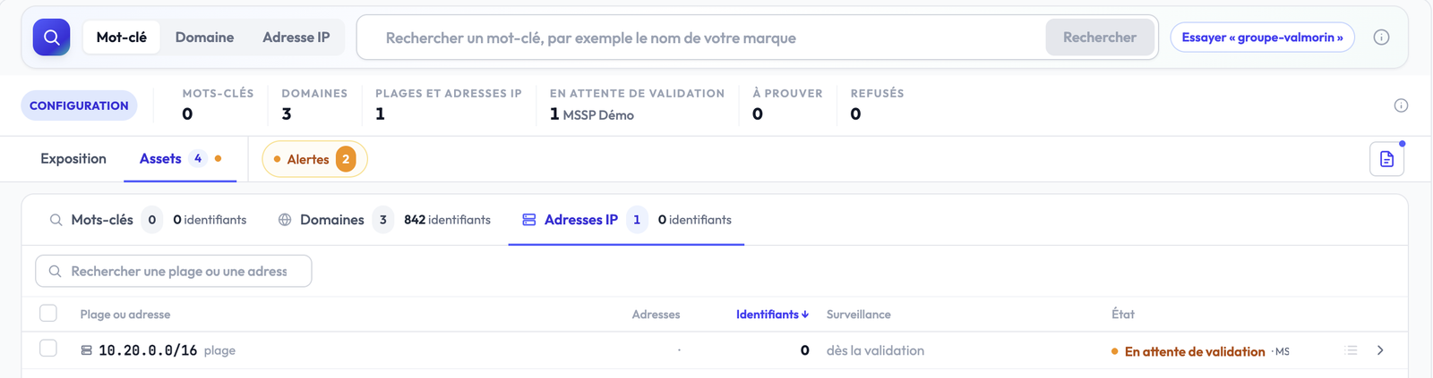 Assets tab, IP addresses sub-tab: configuration band on top and one range waiting for validation